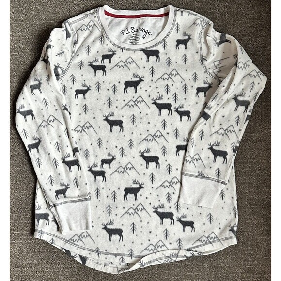 PJ Salvage Fleece Top Pajamas White Moose Winter Outdoors Long Sleeve Sz M - Picture 3 of 14